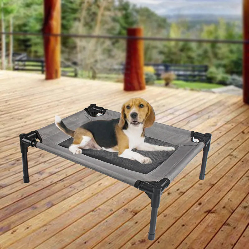Black outdoor dog bed with removable oxford cloth cover and steel frame measuring 55cm long