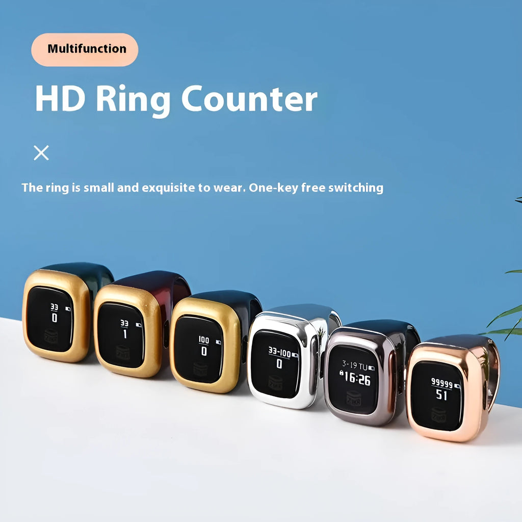 Digital electronic tasbih counter with LCD screen shown in rose gold colour.