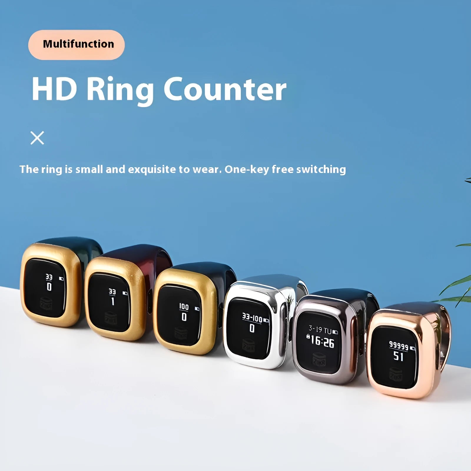 Digital electronic tasbih counter with LCD screen shown in rose gold colour.