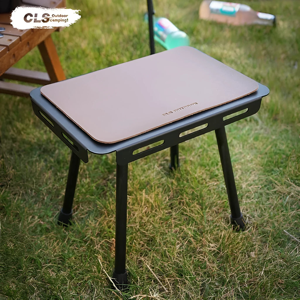 CLS Outdoor aluminium folding camping stool shown in table and stool modes with creamy-white PU cushion and storage bag.