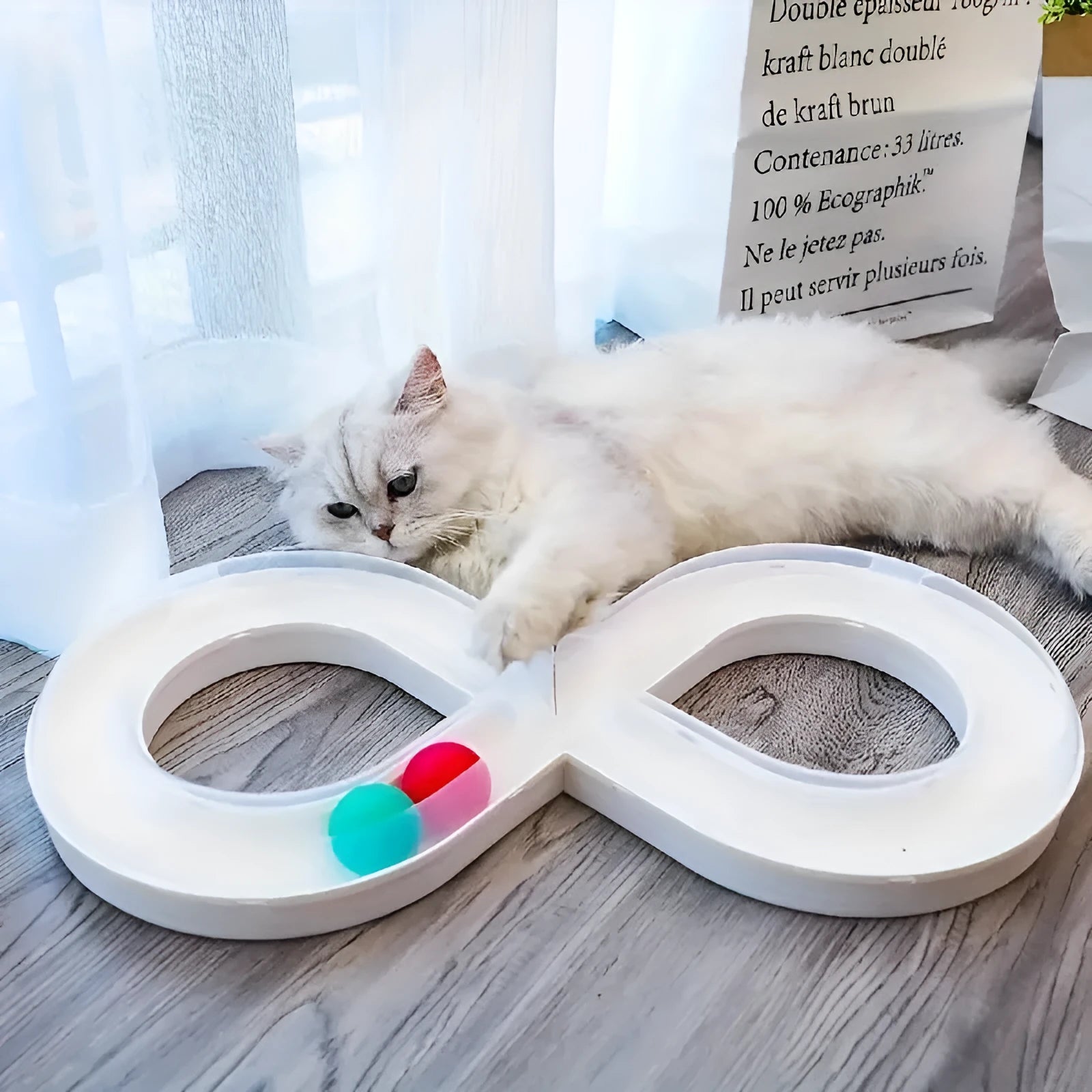 Blue and white cat turntable track ball toy with teasing stick attachment measuring 50cm