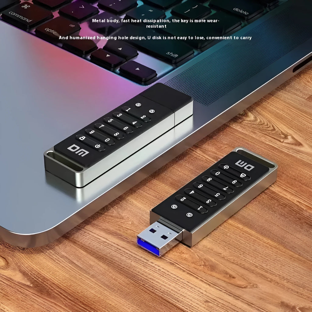 64GB metal USB 3.0 flash drive with fingerprint sensor and digital button encryption