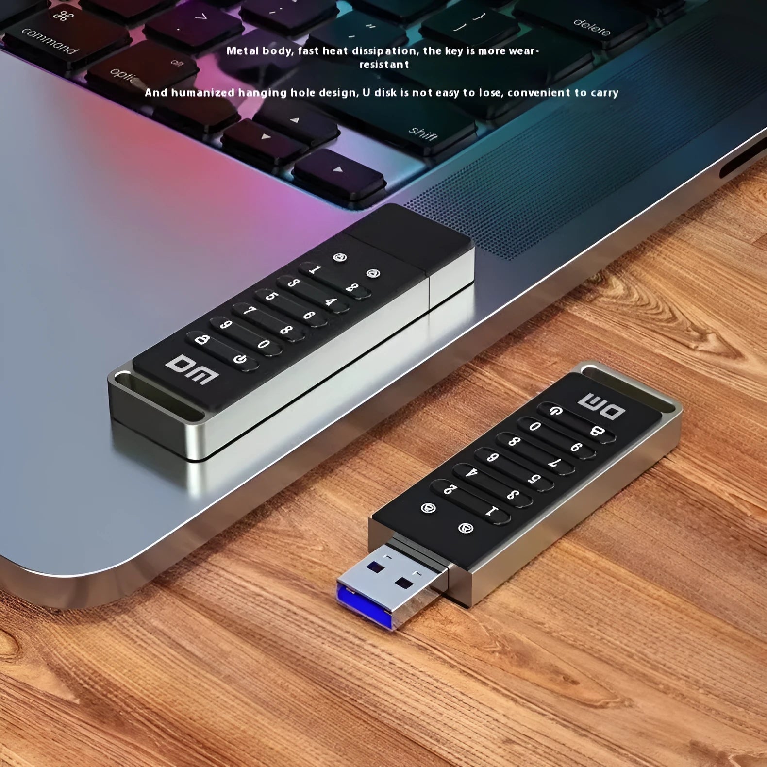 64GB metal USB 3.0 flash drive with fingerprint sensor and digital button encryption