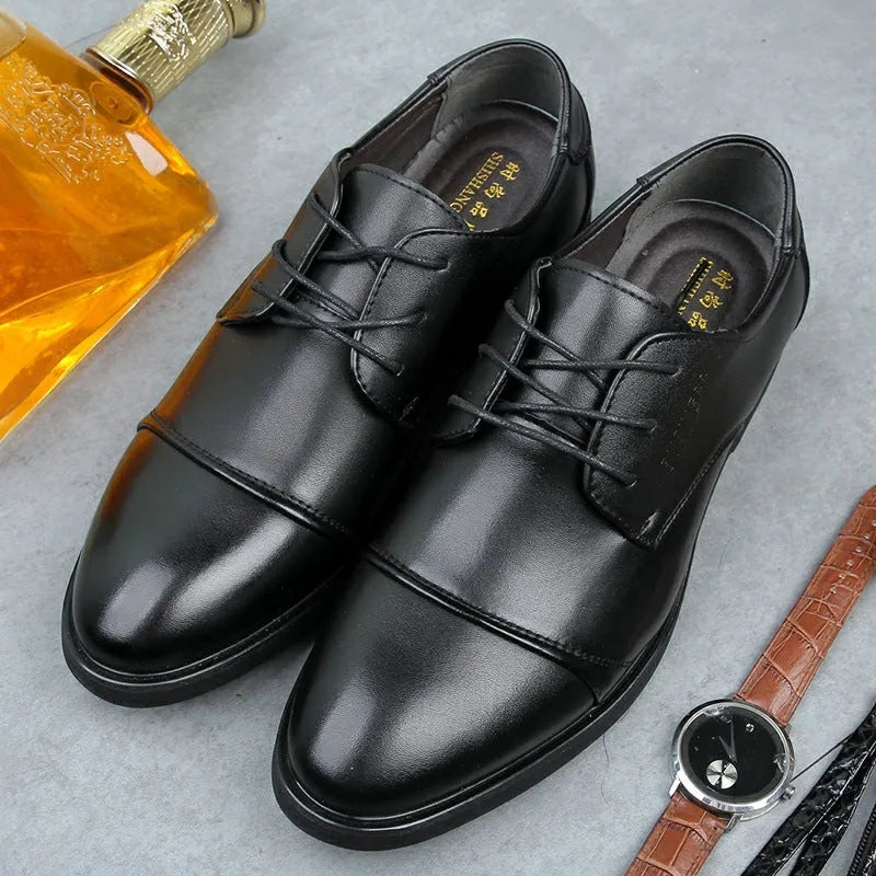 Men's black formal lace-up leather shoes with stitching detail, shown on a white background.