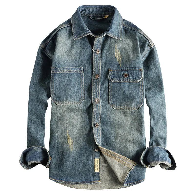 Men's light blue vintage washed denim shirt with long sleeves and loose cardigan fit