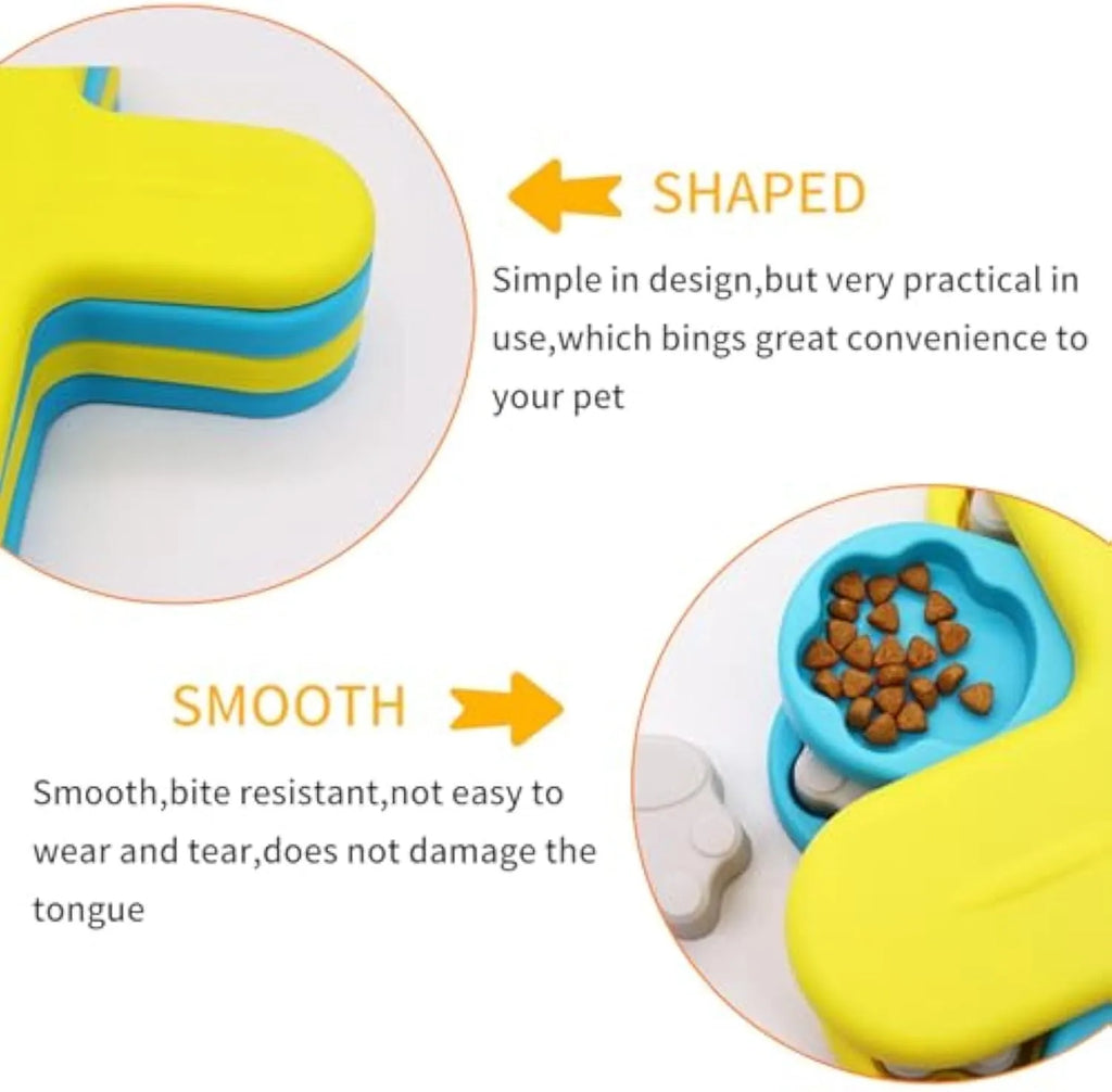Yellow three-layer rotating dog puzzle slow feeder with claw-shaped lids on a non-slip base.