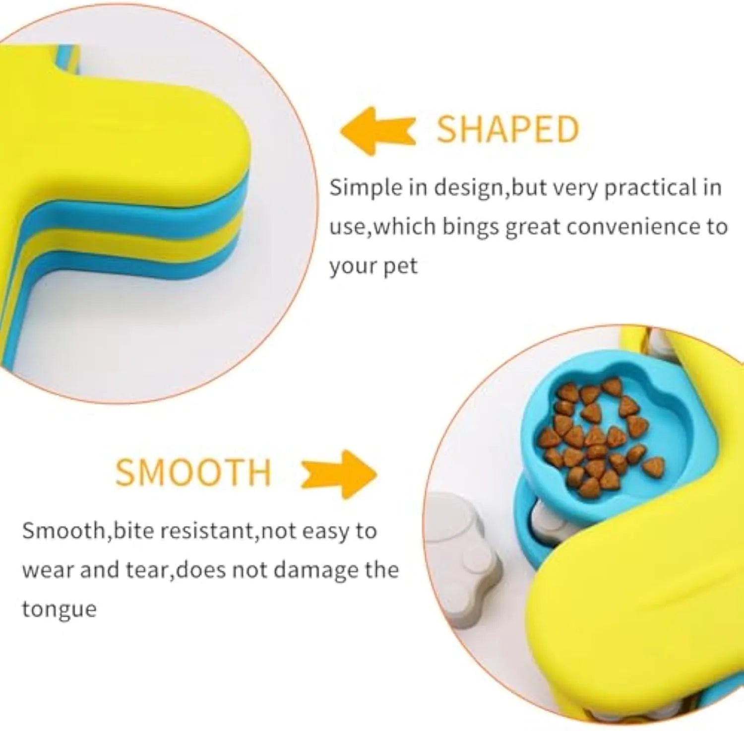 Yellow three-layer rotating dog puzzle slow feeder with claw-shaped lids on a non-slip base.