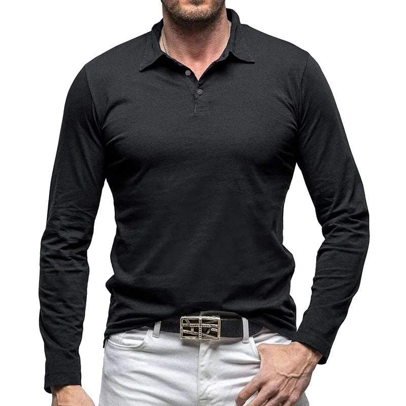 Men's polo collar long sleeve cotton t-shirt in American retro style, shown in army green colour.