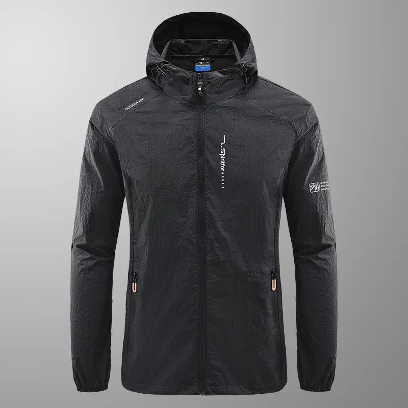 Men's thin nylon summer hooded jacket in light grey colour showing loose fit design