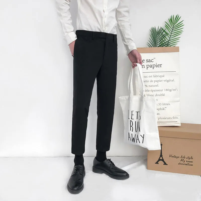 Men's Korean-style cotton straight-leg pants with drawstring waist in black, grey, or khaki