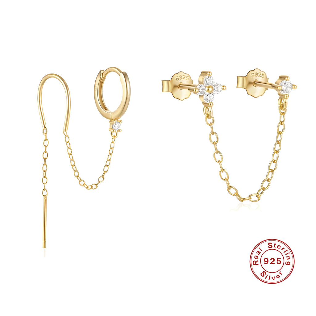 S925 sterling silver geometric ear studs with flower, tassel and chain design in gold colour options