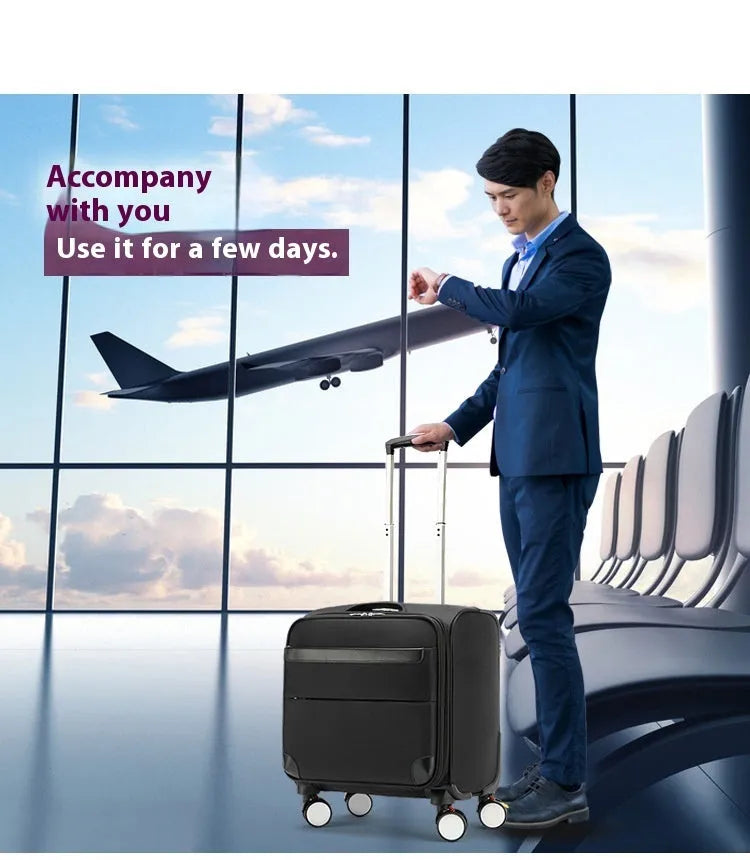 Black 18 inch Oxford cloth business suitcase with telescopic handle and wheels.