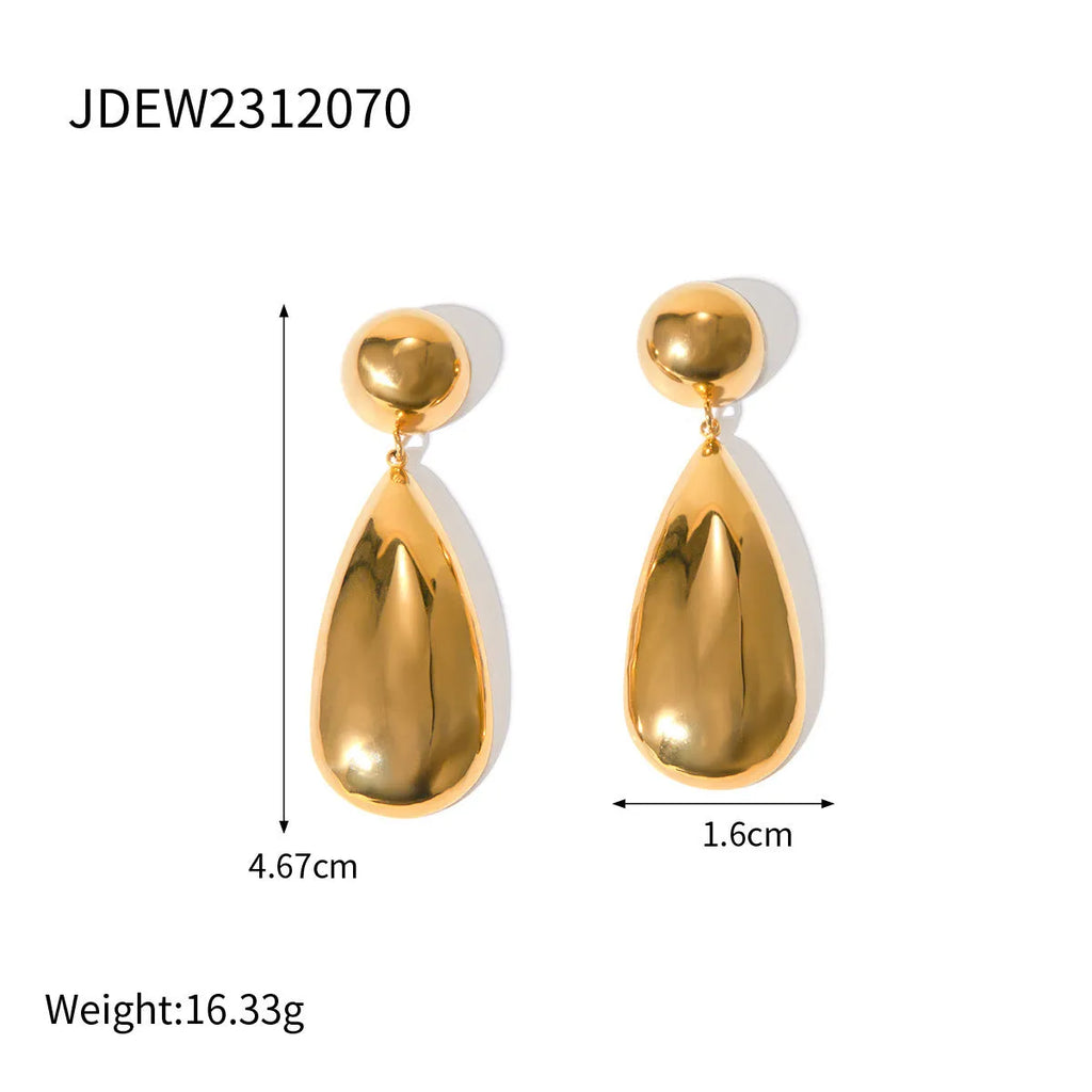 Gold stainless steel water drop shaped hemisphere pendant earrings for women.