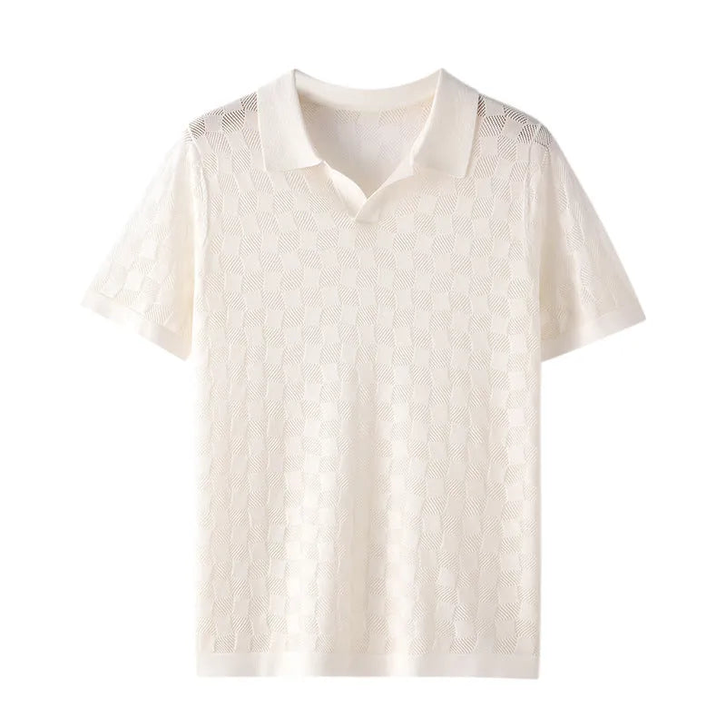 Men's short sleeve mulberry silk sweater with lapels in solid colour for business casual wear