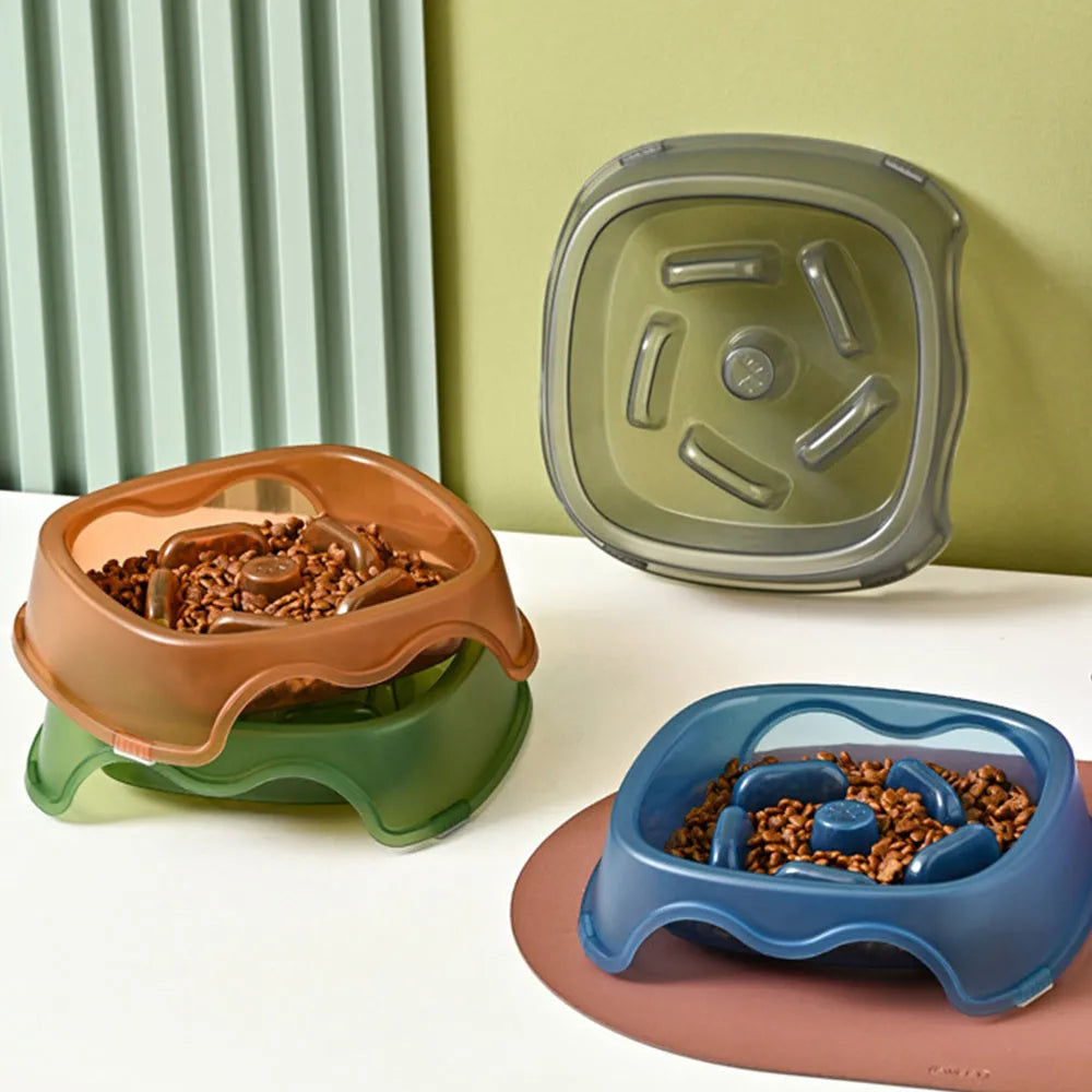 A blue plastic slow feeder dog bowl with a low 4cm profile to prevent fast eating.