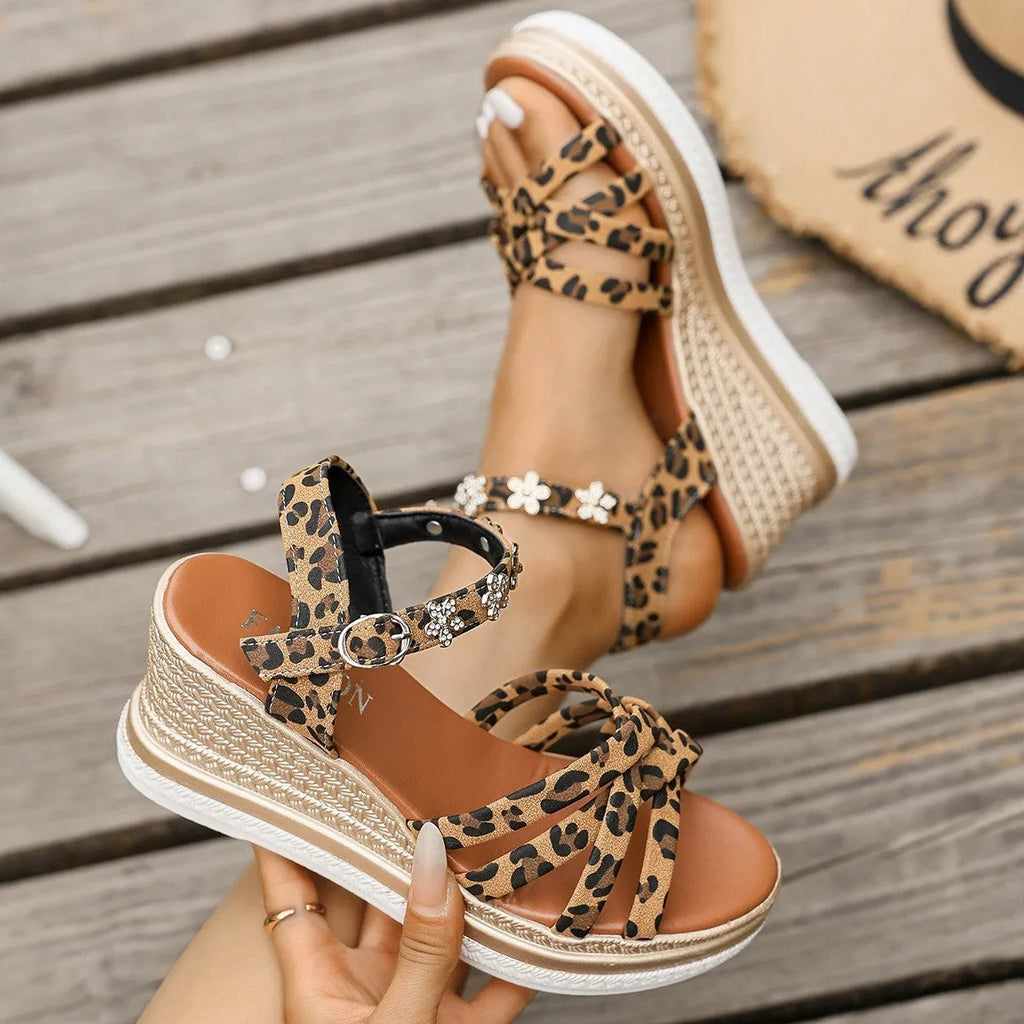 Light brown suede women's ankle strap open toe platform sandals with buckle closure.