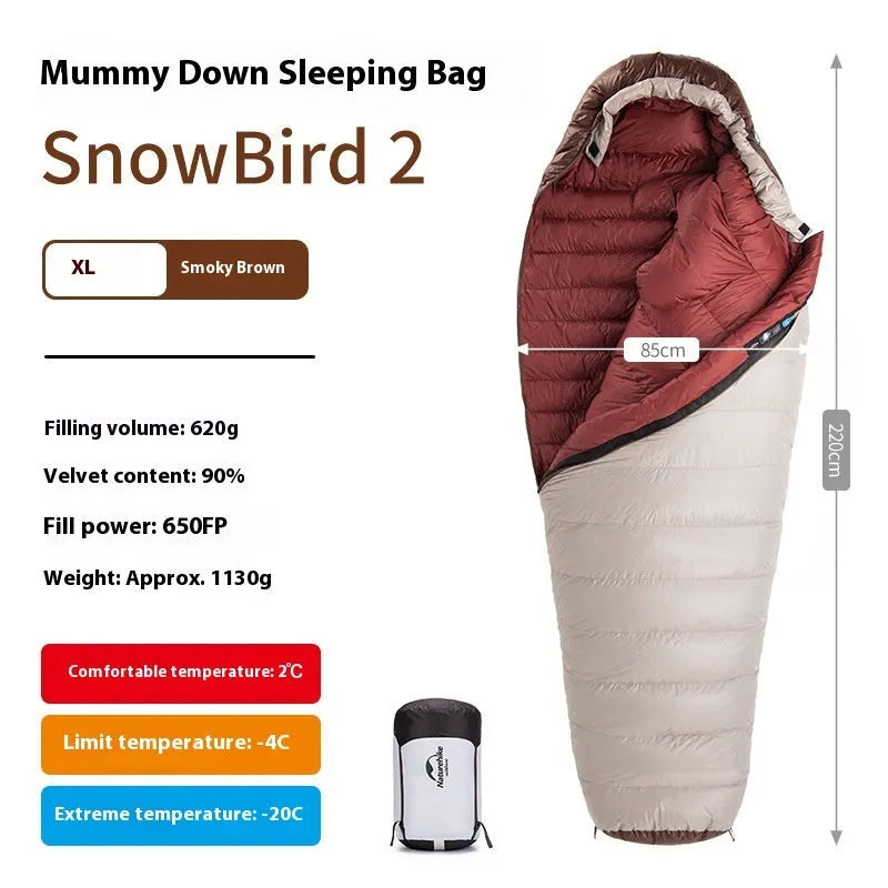 Goose down mummy sleeping bag for adults in storage bag