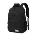 Simple lightweight backpack with USB charging interface in grey colour showing dimensions and trolley compatibility