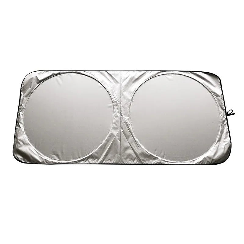 Silver tape car sunshade measuring 190cm by 90cm with storage cloth bag