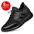 Men's black casual height increasing shoes with round toe and chunky heel in leather, mesh, or Lycra options.