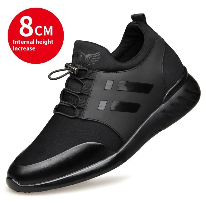 Men's black casual height increasing shoes with round toe and chunky heel in leather, mesh, or Lycra options.