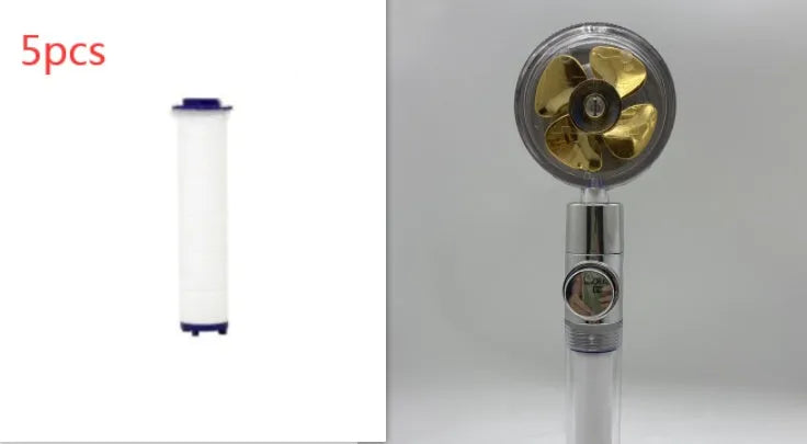 Chrome-finished round water-saving shower head with a built-in turbofan for high pressure spray