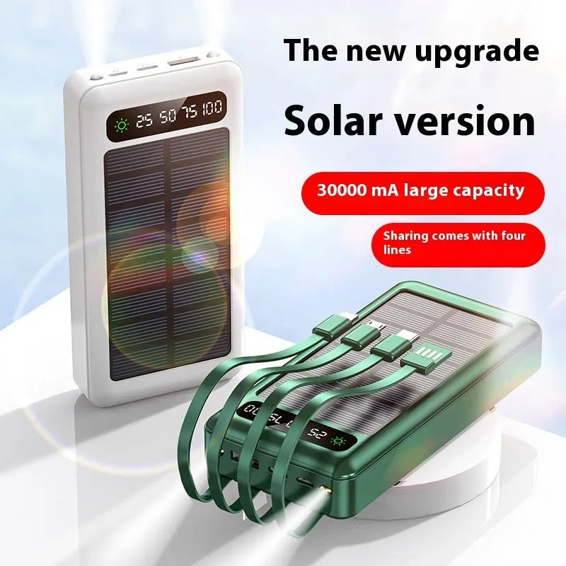 Solar power bank with cable showing black, white and green colour options with 30000mAh capacity label