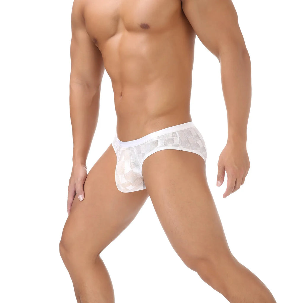 Men's black and white plaid mesh briefs with a U-convex design, shown flat and on a model.