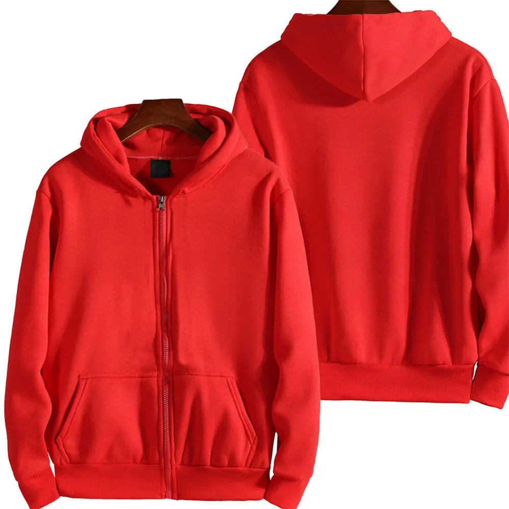 Men's solid colour loose fit sports zipper jacket on a hanger