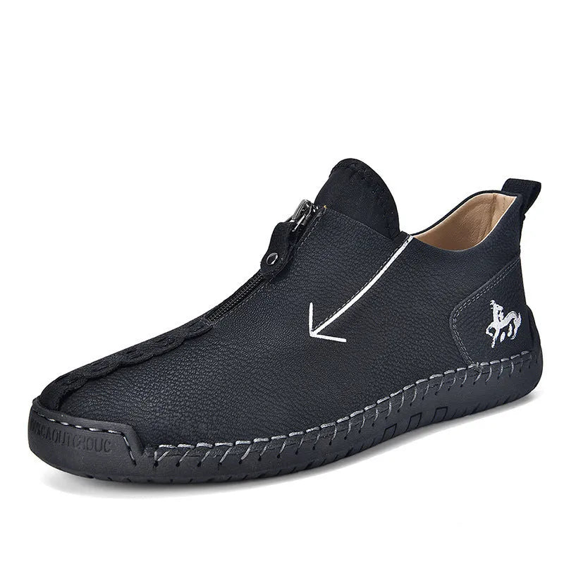 Men's black zip-up casual Martin boots with round toe and hand-stitched rubber sole