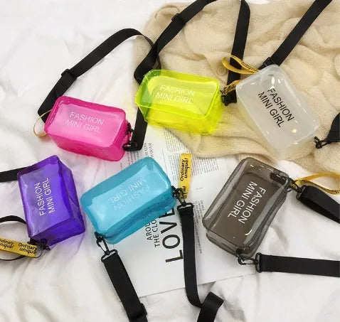 Transparent square jelly shoulder bag with diagonal cross design and adjustable strap