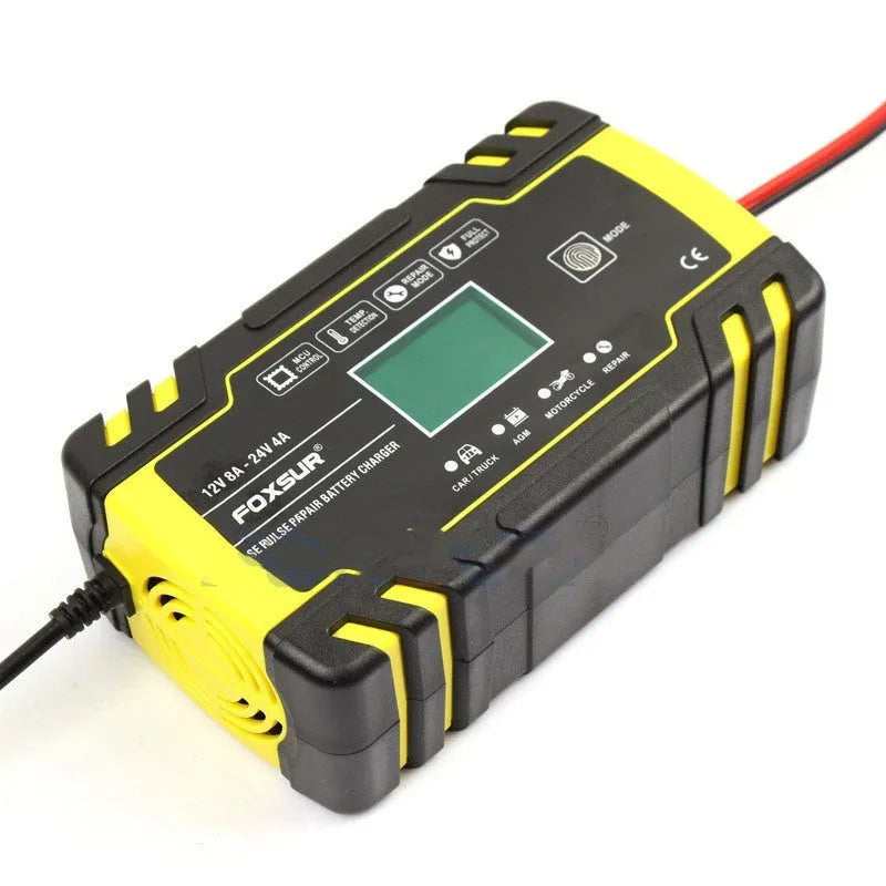 Motorcycle car battery charger with screen display showing charging parameters