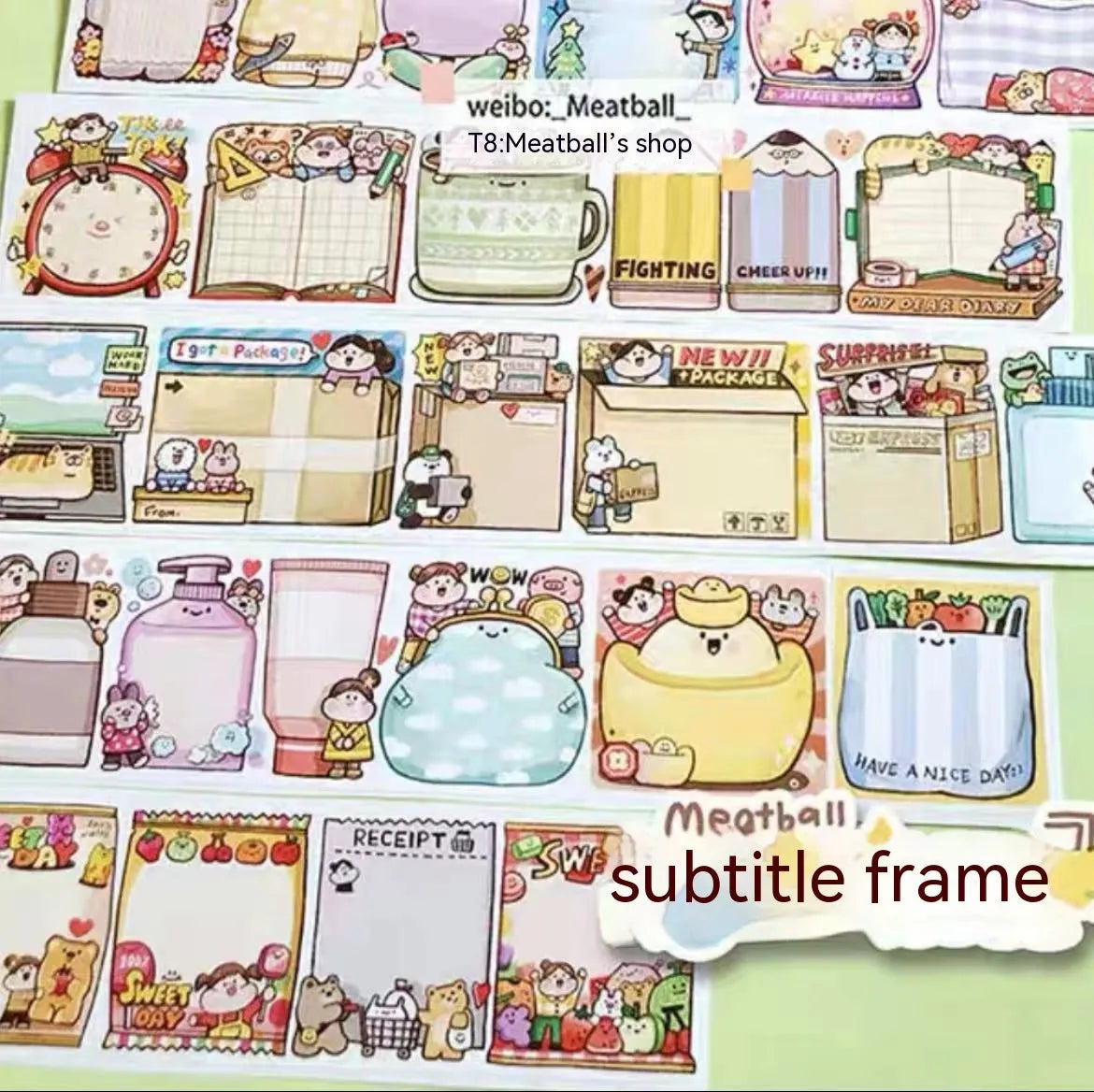 Sheet of cute cartoon character stickers for haemorrhoid tape packaging on Japanese paper.