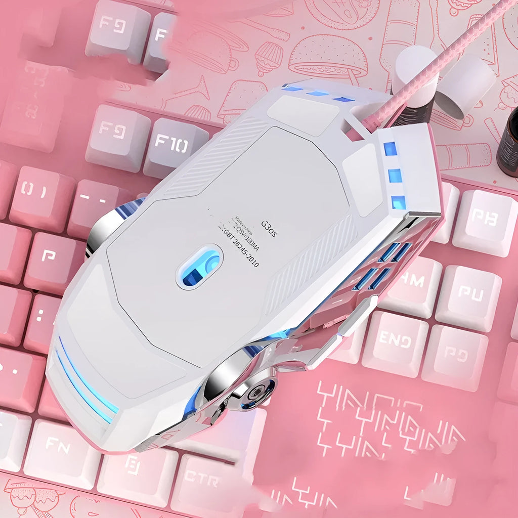 Wired gaming mouse with seven buttons, USB cable, and ergonomic shape on a desk