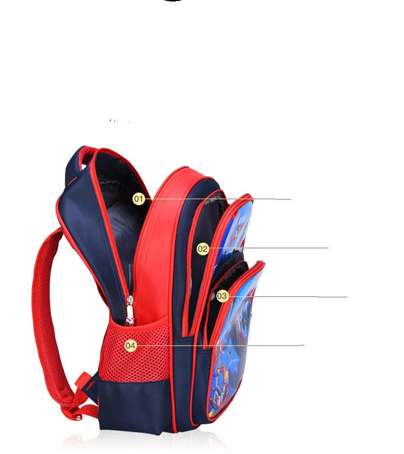 Blue children's cartoon backpack with load-reducing straps and a pencil case attached.