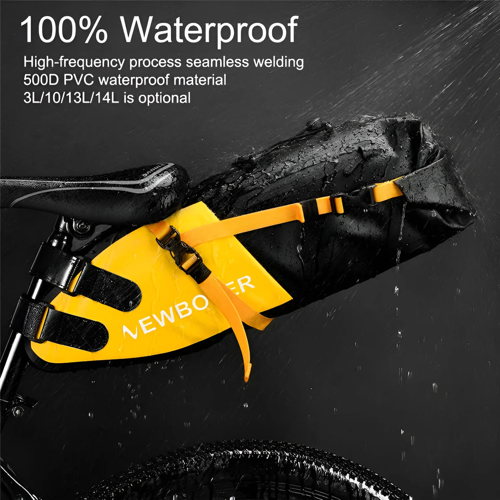 Waterproof PVC bicycle tail bag in yellow, black or green, showing 13L capacity.