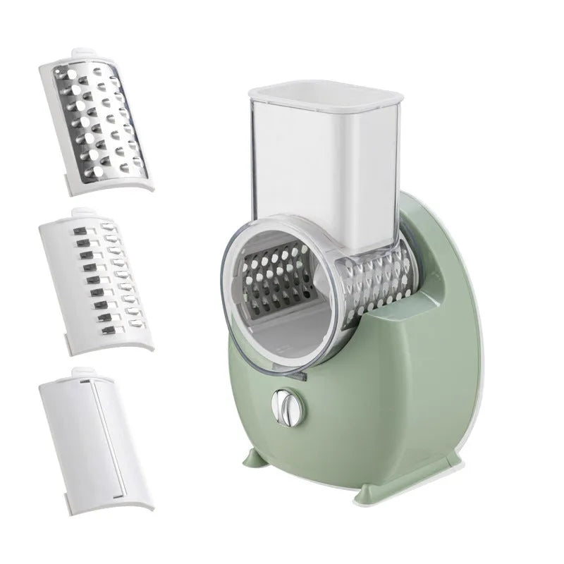 White electric vegetable slicer with rotary grater and strong suction base for kitchen use