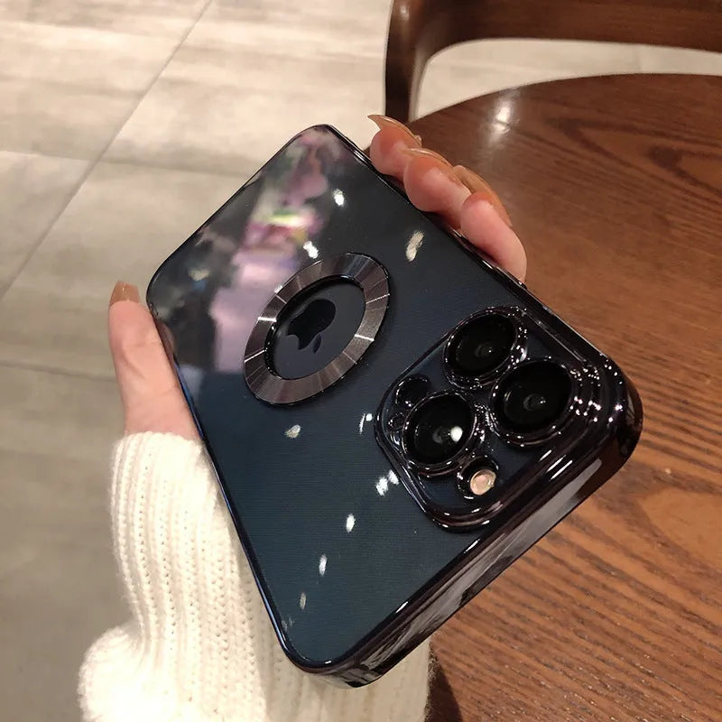 Electroplated silicone iPhone case with integrated camera lens protector shown in transparent finish