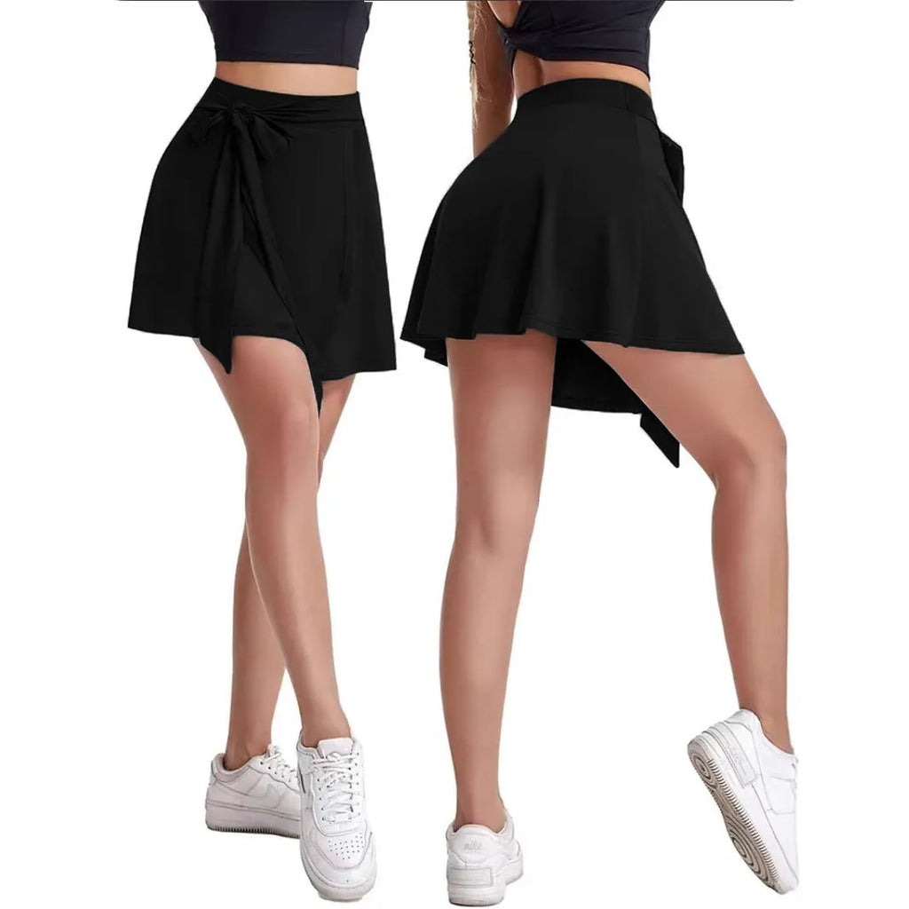Black thigh-length sports skirt with anti-exposure shorts and shoulder strap details in Japanese Korean casual style