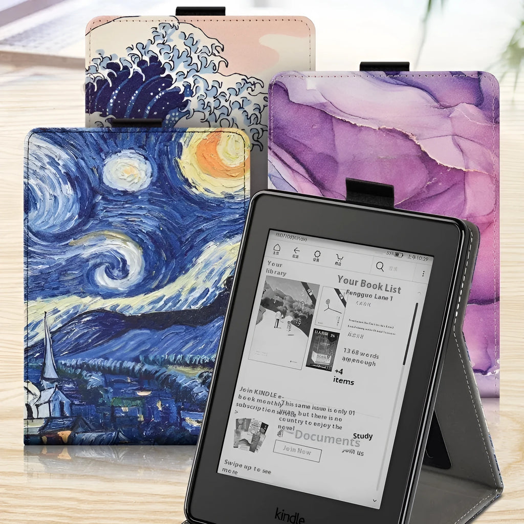 Kindle Paperwhite 6-inch protective case with integrated hand strap in a painted leather design.