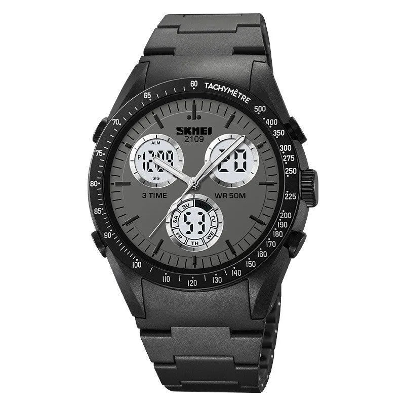 Casual digital watch with a camouflage strap and a digital display, showing 50m waterproof rating.