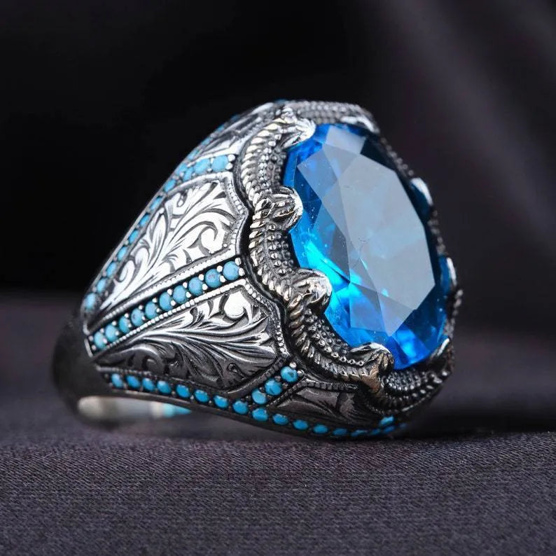 Geometric blue zircon centrepiece grandmother ring in antique silver finish