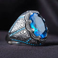 Geometric blue zircon centrepiece grandmother ring in antique silver finish