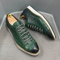 Low tube handmade men's shoes with an embossed pattern, shown in black with front-tie laces.