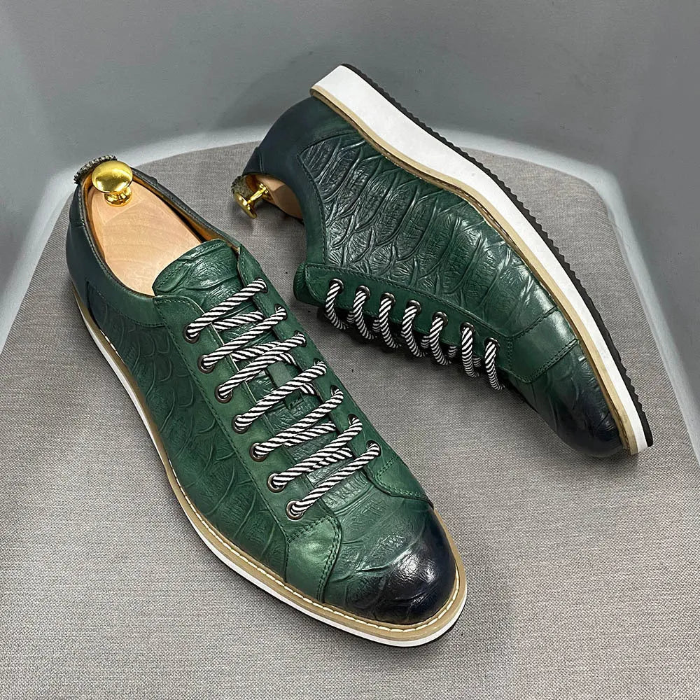 Low tube handmade men's shoes with an embossed pattern, shown in black with front-tie laces.