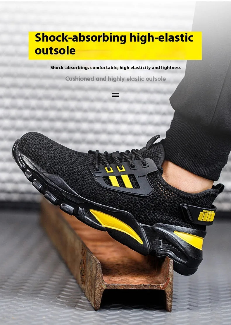 Men's black steel toe work shoes with breathable flyknit upper and low top design