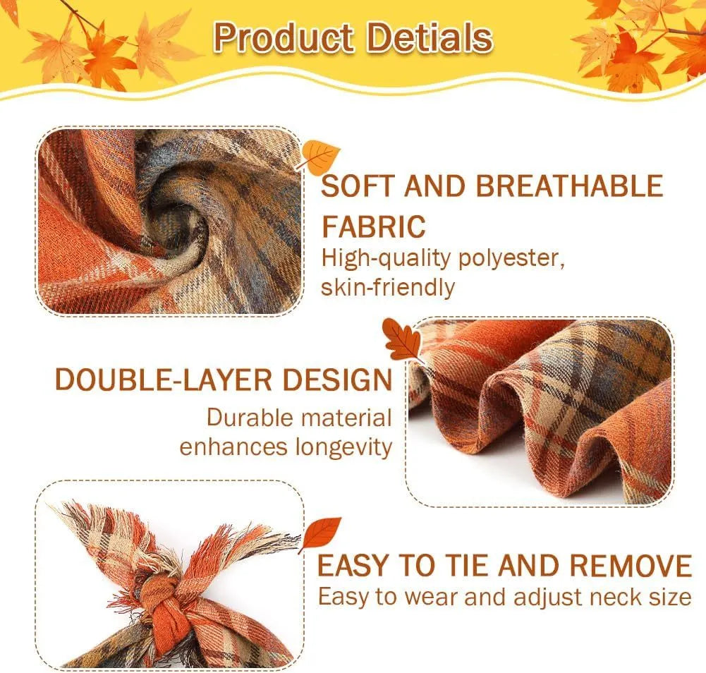 Plaid pattern dog bandana with tassels in autumn colours on pet collar