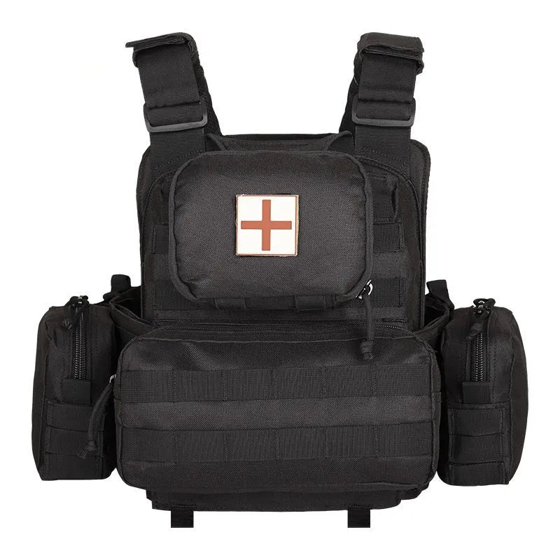 Men's camouflage tactical vest in army green, made from wear-resistant polyester fabric.