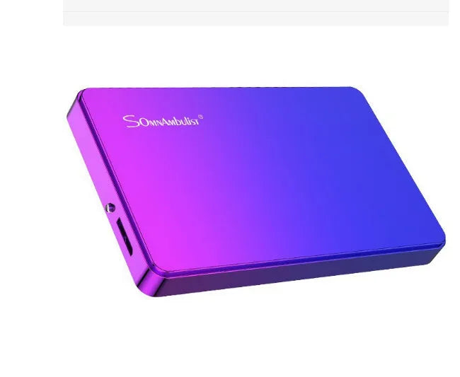 Purple 1TB external mobile hard disk with plastic shell and leather bag packaging on plain background