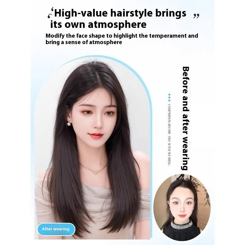 Brown black full-head synthetic wig with Chinese character bangs style for women.